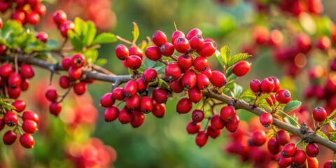 Obraz premium Vibrant red berries ripen on a bush with thorny branches, summer, focus on red berries