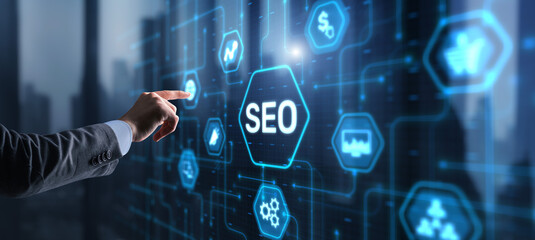 Businessman's fingers pressing a button SEO. Search engine optimization