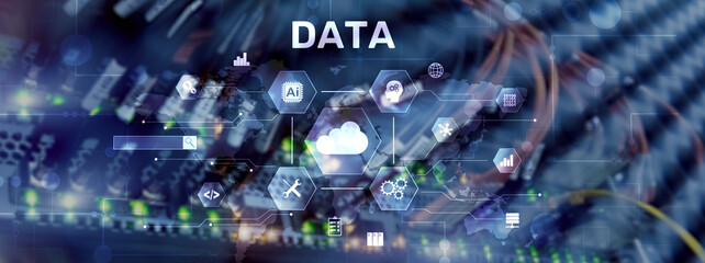 Cloud server and computing, data storage and processing on server background