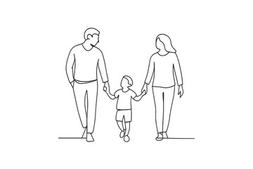 Family of three walking together, child holding parents' hands in minimalist line art, isolated on a transparent background