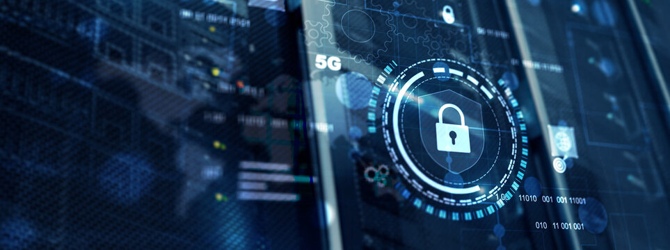 Cyber protection shield icon on server room background. Information Security 2025