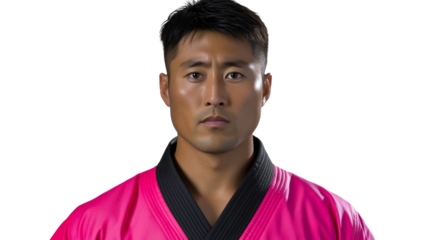 Asian Male in Pink Karate Gi, Serious Expression, cut out transparent
