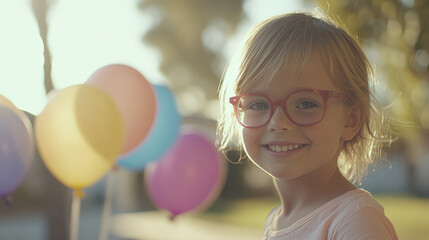 Soft-toned image of a smiling girl at a sunny park birthday party with colorful balloons, offering space for adding titles, child's name, and suitable for Children's Day, including bokeh effect, blurr