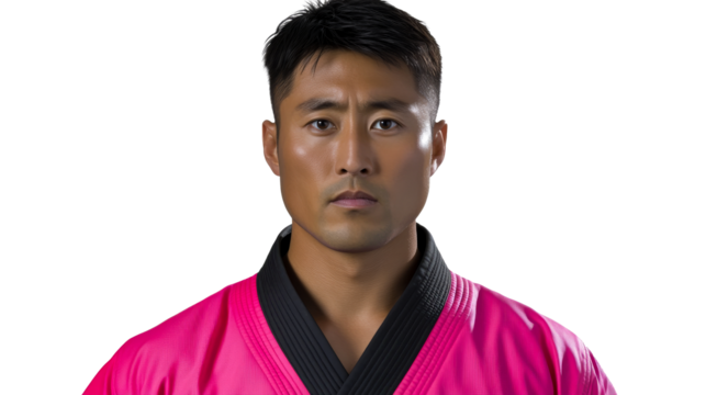 Asian Male in Pink Karate Gi, Serious Expression, cut out transparent