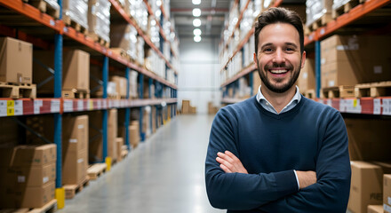 warehouse,  manager,  confident, Confident Warehouse Manager Smiling in Modern Distribution Center