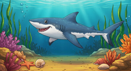 Obraz premium great white shark, shark, ocean, Cartoon Great White Shark in Vibrant Underwater Scene