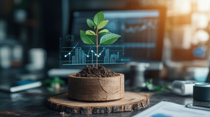 Growing business, seedling in soil, graphs