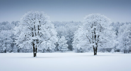 winter,  snow,  trees, Two Snow-Covered Trees in a Winter Landscape