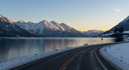 winter,  road,  mountains, Scenic winter road along a fjord with snow-capped mountains at sunset