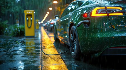 Electric car charging station on rainy night