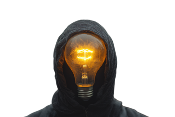 Silhouetted figure in dark hood with glowing lightbulb where face would be, isolated on a transparent background