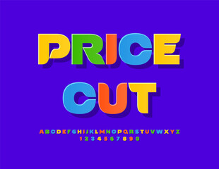 Fototapeta premium Vector Discount banner Price Cut. Modern Colorful Font. Bright Sticker Alphabet Letters and Numbers set.