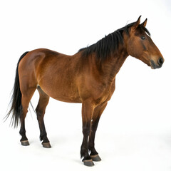 Obraz premium A brown and black horse isolated on a white background, showcasing its sleek coat, muscular build, and graceful stance
