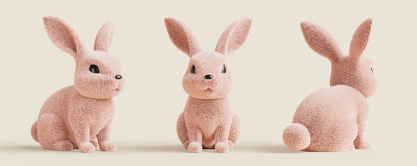 3d cute rabbit front side back view set. Bunny cartoon character, hare kids toy. Soft plush animal with fur texture for easter, christmas, chinese new year, mid autumn festival design. 3D illustration