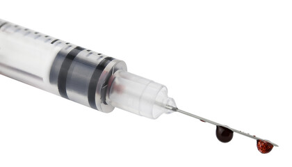 Real disposable syringe with drops of blood on a needle isolated on a transparent background. PNG.