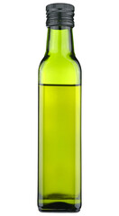Green glass bottle with olive oil isolated on a transparent background. Full depth of field. PNG.