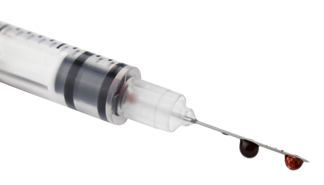 Real disposable syringe with drops of blood on a needle isolated on a transparent background. PNG. - Powered by Adobe