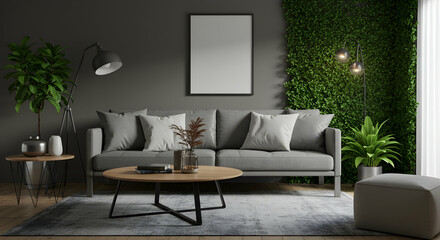 living room,  interior,  design, Modern Living Room Interior with Grey Sofa and Green Wall