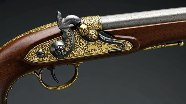 Antique and Ornate Flintlock Pistol Details Featuring Elaborate Engravings and Wood Grain Texture