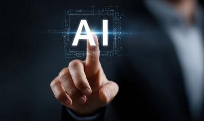 Hand pointing at futuristic holographic AI interface, representing artificial intelligence innovation.