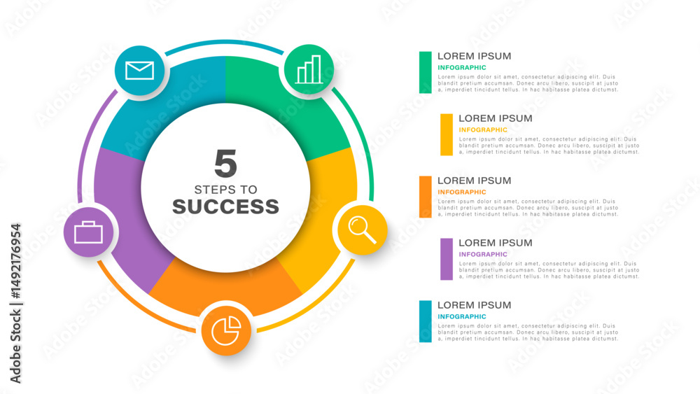 Poster Pie chart infographic template. Five equal parts with icons and data