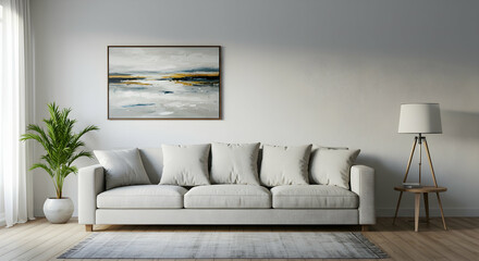 living room,  interior,  modern, Modern Living Room Interior with Abstract Artwork and Comfortable Sofa