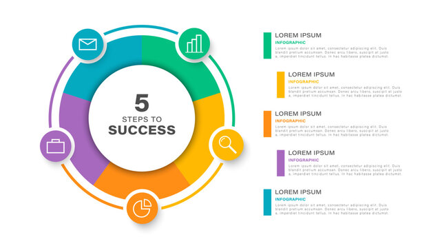Pie chart infographic template. Five equal parts with icons and data