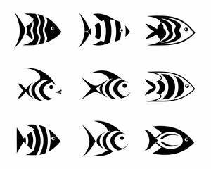 Minimalist Black and White Fish Icons – Stylized Aquatic Animal Designs with Tribal and Graphic Elements SVG