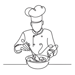 Vector chef with a pan . simple continuous one line drawing
