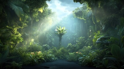 Fototapeta premium Lush jungle, sunbeams, plants