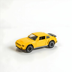 A yellow toy car isolated on a white background, showcasing its bright color, smooth finish, and compact design.