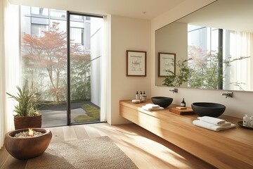 Fototapeta premium Serenity and modern elegance blend in a tranquil spa-like bathroom reflecting nature's beauty at midday Generative AI