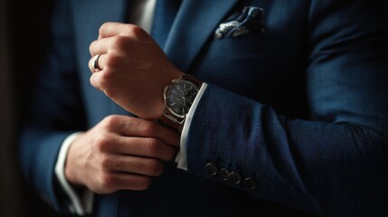 Man in elegant blue suit adjusts wristwatch, showcasing luxury fashion and sophistication.