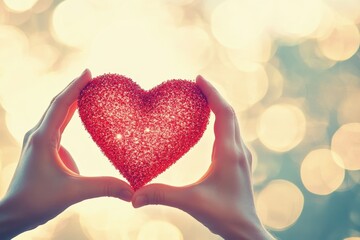 Tender Hands Holding a Sparkling Red Heart Against a Soft Bokeh Background