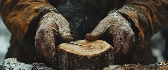 Hands splitting wood outdoors