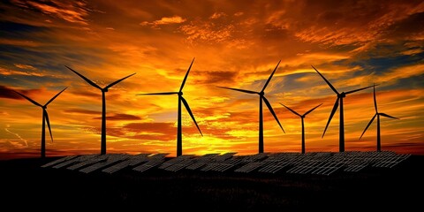 Wind turbines spinning with solar panels beneath, generating green energy at sunset