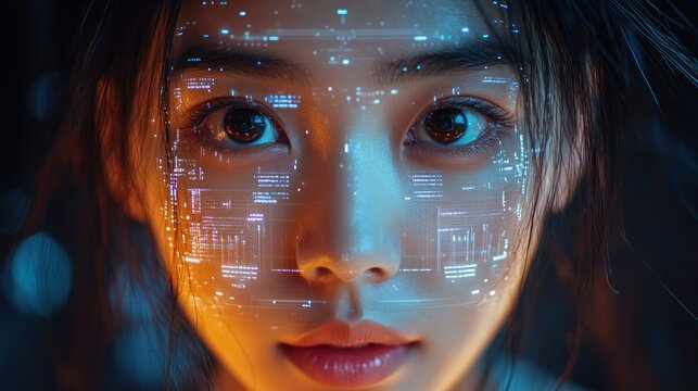 Futuristic woman's face with digital overlay - Powered by Adobe