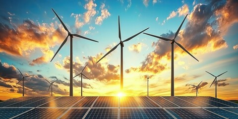 Windmill turbines generating clean green energy at sunset with solar panels in the background