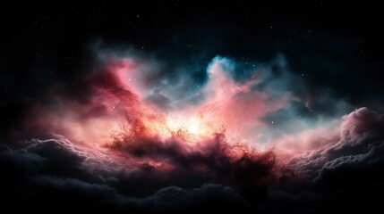 Vibrant cosmic nebula emerges in the vast night sky, showcasing colors of pink, blue, and deep indigo from light-years away Generative AI