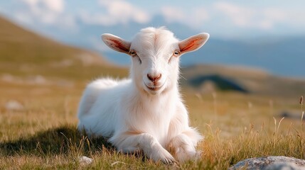 Cute white goat resting peacefully in lush green meadow during sunny afternoon with mountains in the background Generative AI