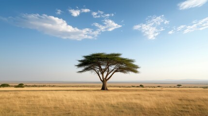Vibrant acacia tree stands majestically in the golden savanna under a brilliant blue sky at dusk in Africa's wilderness Generative AI