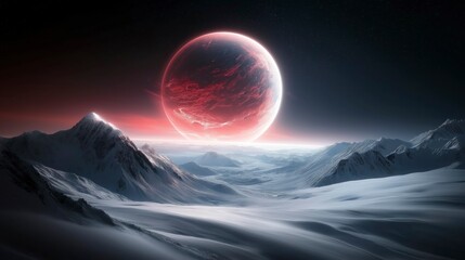 Majestic view of a crimson planet looming over a surreal icy landscape at twilight Generative AI