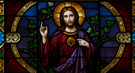 Fototapeta premium stained glass, jesus christ, sacred heart, Sacred Heart of Jesus Stained Glass Window