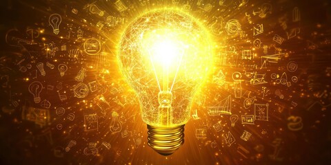 A big idea represented by a vector lightbulb that shines with creativity, surrounded by symbols of innovation.