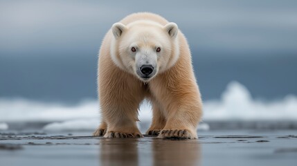 Majestic polar bear wanders along the icy shores under a dramatic cloudy sky Generative AI
