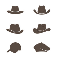 Collection of stylish hat silhouettes representing various designs including cowboy hats, baseball caps, and french berets in dark brown outlines.