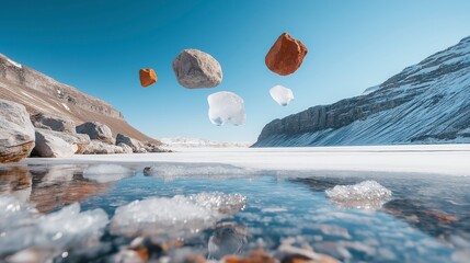 Floating stones create a surreal landscape over a frozen lake in a remote mountainous region during a bright winter day Generative AI