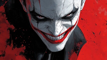Close-up portrait of a menacing villain with a wide, sinister smile