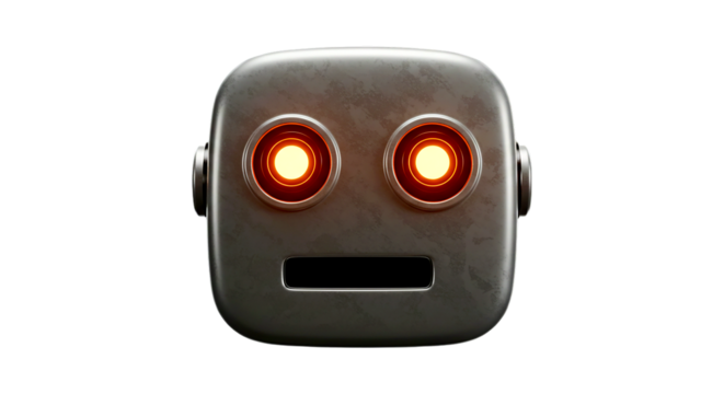 A metallic robot head with glowing red eyes and a rectangular mouth on a black background view front