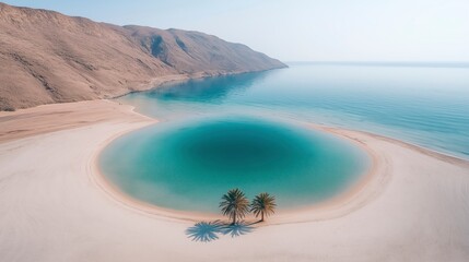 Inviting turquoise waters embrace a serene coastline lined with palm trees and majestic mountains in a tranquil setting Generative AI